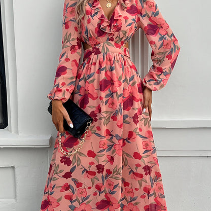 Stylish Floral Dresses with V-Neck, Long-Sleeved& Waist-Cinching Design for A Comfortable Look- Holiday& Casual Outfit for Women