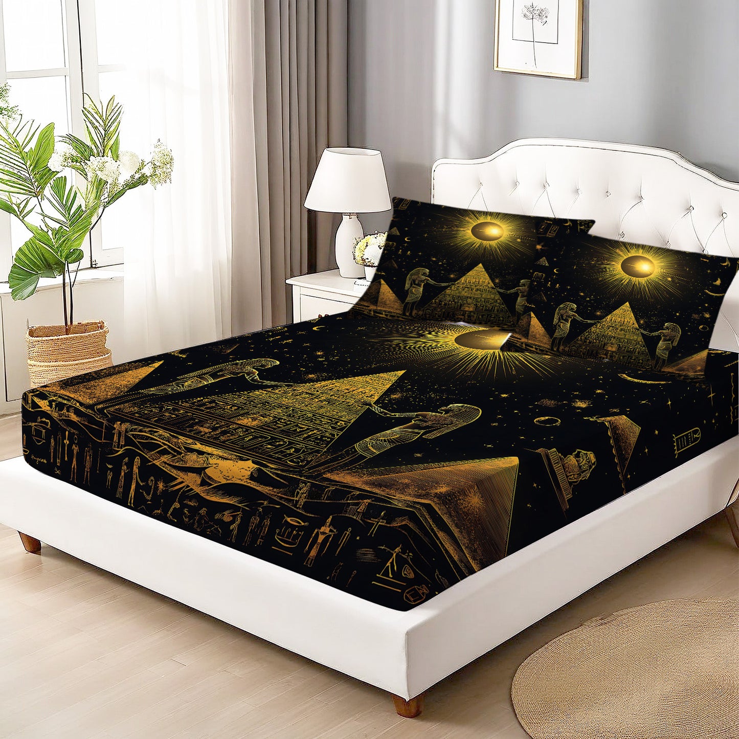Latacaca 3pcs Golden Egyptian Pyramids Celestial Motif Pattern Fitted Sheet Set, Bedding Set One Fitted Sheet and Two Pillowcases, Pillow Inserts Not Included, Wrinkle Resistant, Fade Resistant, and Machine Washable, A Lightw