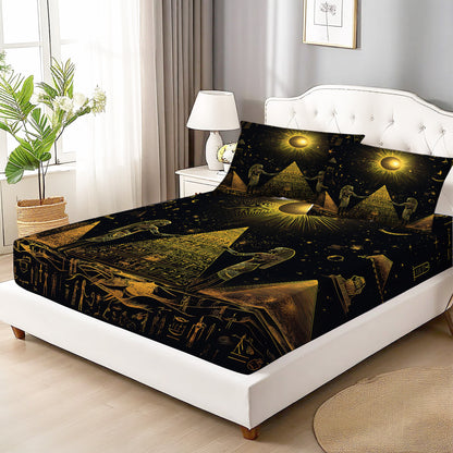 Latacaca 3pcs Golden Egyptian Pyramids Celestial Motif Pattern Fitted Sheet Set, Bedding Set One Fitted Sheet and Two Pillowcases, Pillow Inserts Not Included, Wrinkle Resistant, Fade Resistant, and Machine Washable, A Lightw