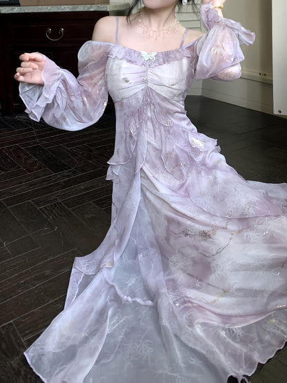 A Stylish Off-Shoulder Long Sleeve Dress for Women Featuring a Lavender Floral Pattern, Ruffle Collar, And A-Line Silhouette. Suitable for Both Formal And Casual Occasions, This Machine Washable Dress Is Perfect for Spring An