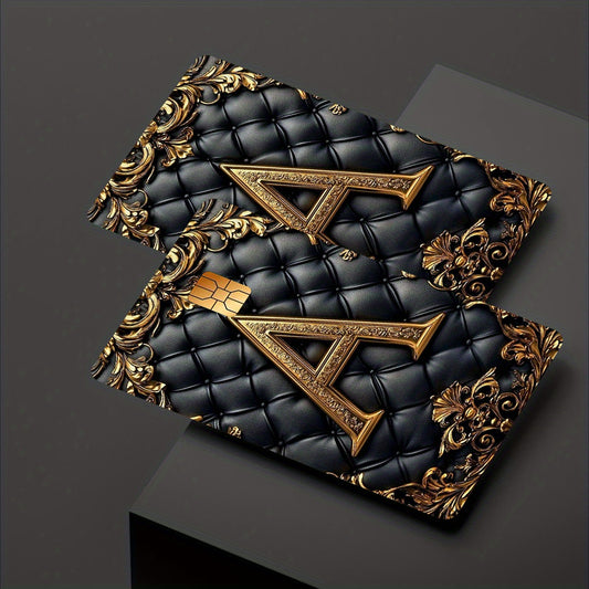 Luxury Faux Leather Texture Letter A Sticker Set, Black Golden Color, Tech Feel, 2pcs Durable Privacy Stickers Made of PVC Material, Suitable for Credit Cards, Transportation Cards, Debit Cards, etc., Scratch-Resistant, Remov