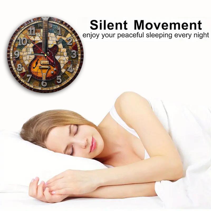 1pc Rustic Farmhouse Style Wooden Round Wall Clock, Guitar Theme, Silent Movement, Easy-to-Read, AA Battery Operated (Not Included), 9.8x9.8 inches for Home, Kitchen, Bedroom, Office Decor