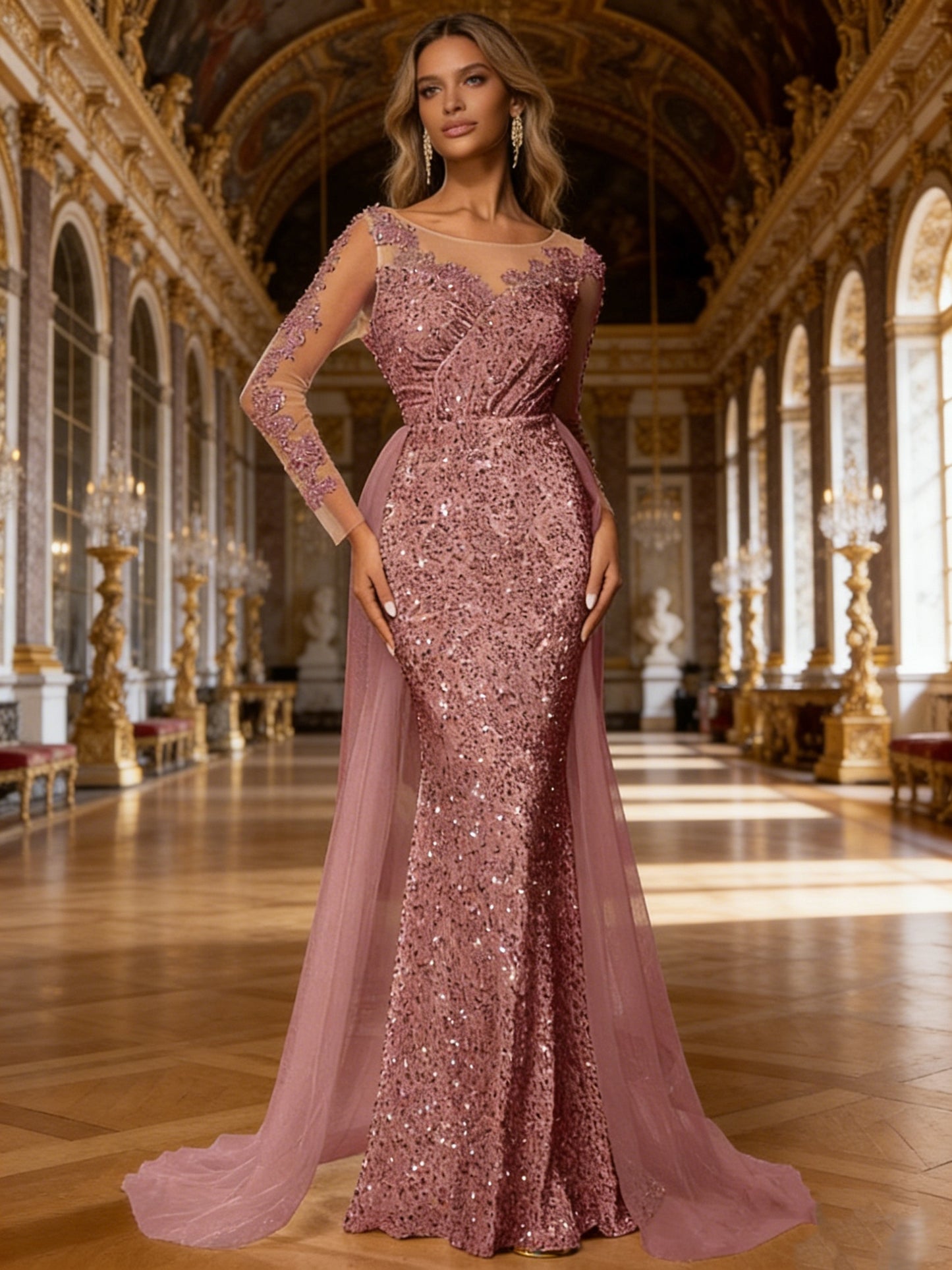 Women'S Multi-Color Sequin Mermaid Formal Gown | Long Sleeve Illusion Top Cape Train Evening Dress, Perfect for Prom, Gala Nights, Wedding Guest Events & Luxury Occasions