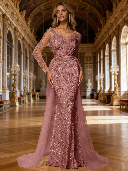 Women'S Multi-Color Sequin Mermaid Formal Gown | Long Sleeve Illusion Top Cape Train Evening Dress, Perfect for Prom, Gala Nights, Wedding Guest Events & Luxury Occasions