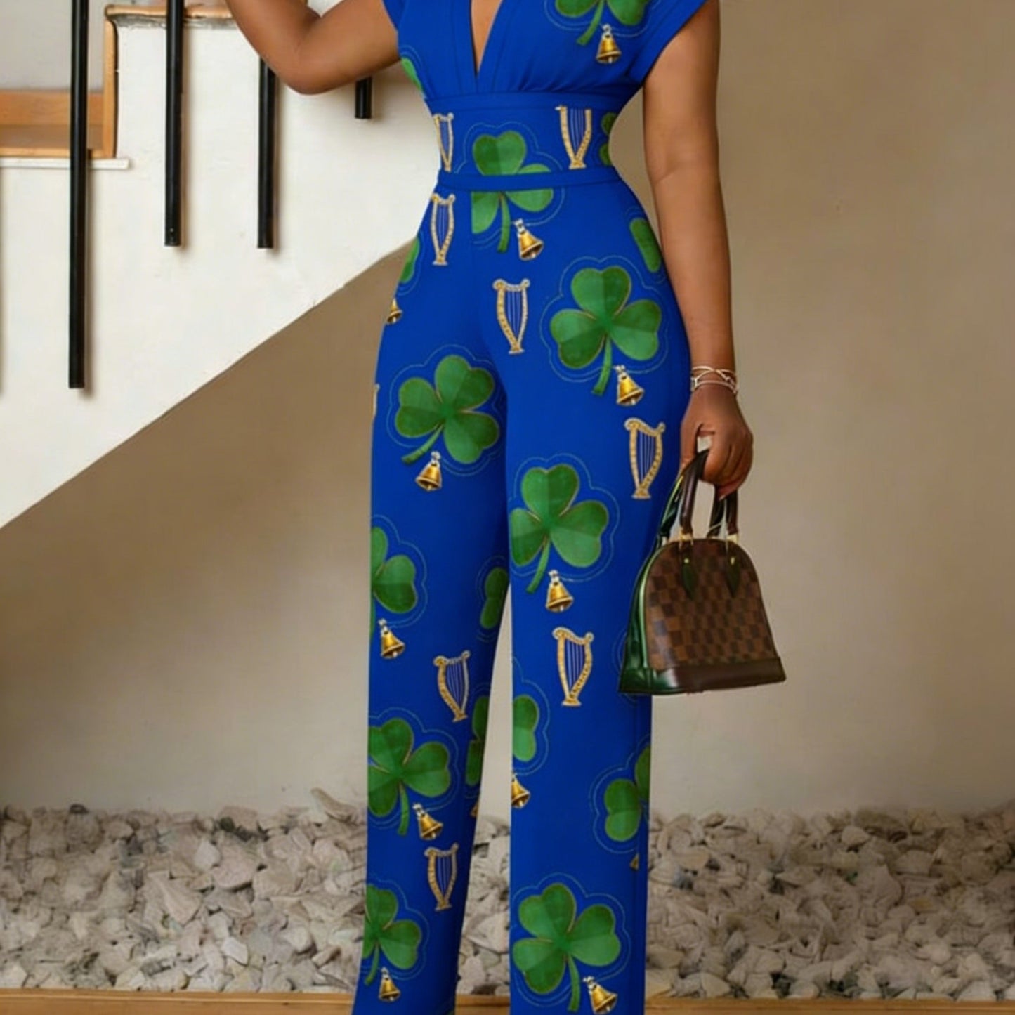 St. Patrick's Day Printed Women's Elegant Jumpsuit, Plant Leaf Pattern V-neck Jumpsuit, Women's Gift, Summer Casual Wear, Fashionable Outdoor S Women's Short Sleeved Jumpsuit, Gradient Slim Fit Jumpsuit, Machine Washable, Sof