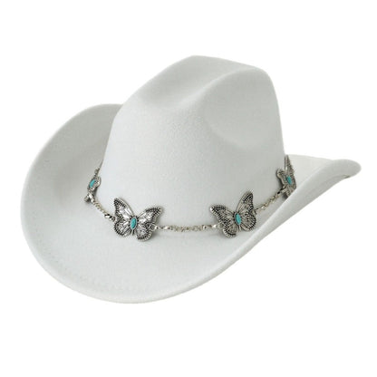 Women'S Bohemian Turquoise & White Cowboy Hat - Felt Wide Brim Sun Hat with Butterfly Metal Chain Accent, Non-Stretch Formal & Western Style for Christmas, Festivals, Casual Attire - Hand Washable Elegant Felt Cowboy Cap, Cow
