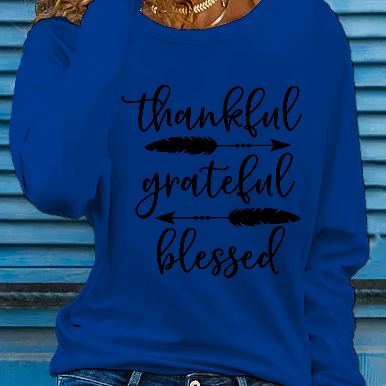Women's Beige Thankful Grateful Blessed Print Long Sleeve T-Shirt - Loose Fit Round Neck Casual Top with Cursive Lettering & Accent, Soft Comfortable Fabric for Fall Winter Casual Attire, Thanksgiving Christian Apparel, Sprin