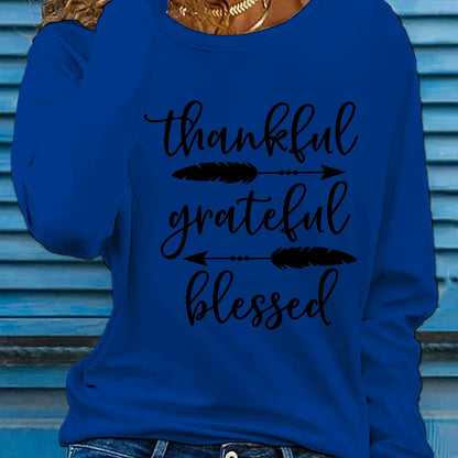 Women's Beige Thankful Grateful Blessed Print Long Sleeve T-Shirt - Loose Fit Round Neck Casual Top with Cursive Lettering & Accent, Soft Comfortable Fabric for Fall Winter Casual Attire, Thanksgiving Christian Apparel, Sprin