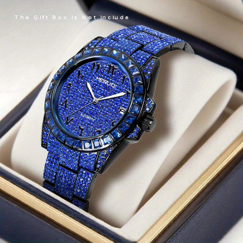 1pc Men'S Luxury Blue Steel Strap Watch - Gorgeous Starry Sky Tourbillon Mechanical Movement, Round Dial with Date Display, Alloy Case & Strap, No Battery Needed, Elegant Timepiece for Casual Attire, Formal Accessory, Sophist