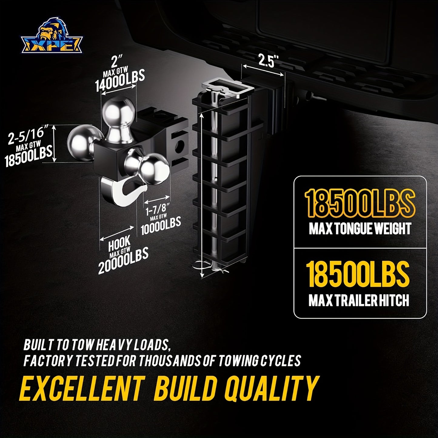 Adjustable Trailer Hitch Fits 2.5-Inch Receiver, Heavy Duty Tow Hitches (18500 LBS GTW) 6 Inch Drop Truck Hitch Tri-Ball Mount With Hook (1-7/8" X 2" X 2-5/16")