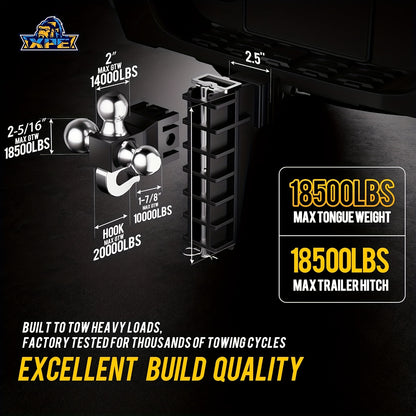 Adjustable Trailer Hitch Fits 2.5-Inch Receiver, Heavy Duty Tow Hitches (18500 LBS GTW) 6 Inch Drop Truck Hitch Tri-Ball Mount With Hook (1-7/8" X 2" X 2-5/16")