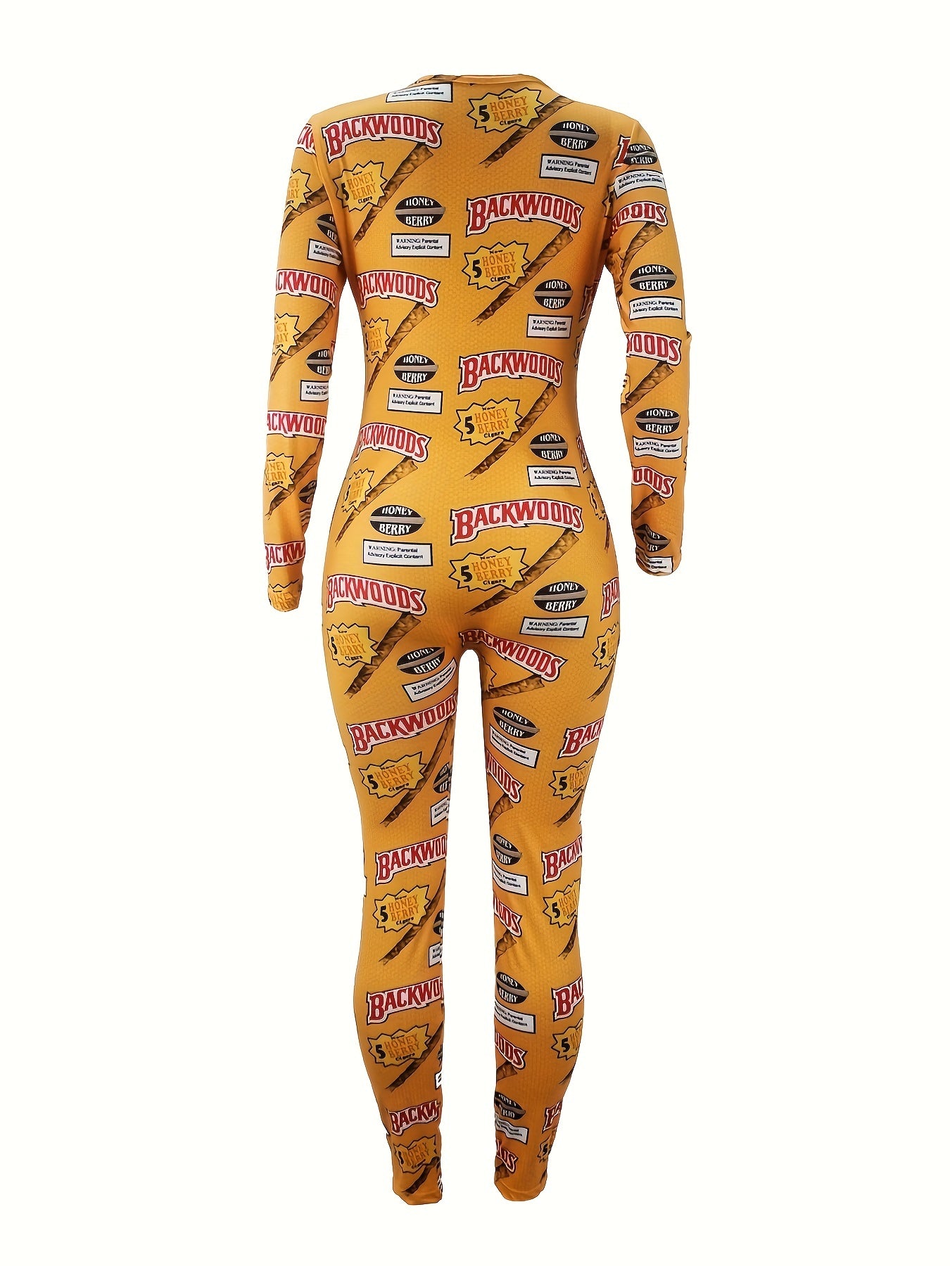 Women'S Sexy Long Sleeve V-Neck Loungewear Jumpsuit - Yellow "Backwoods" Graphic Print, Off-Shoulder Design, High-Waisted Romper for Summer, Comfortable & Stylish Sleepwear, Casual Loungewear | Vneck Jumpsuit | Polyester Blen