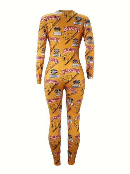 Women'S Sexy Long Sleeve V-Neck Loungewear Jumpsuit - Yellow "Backwoods" Graphic Print, Off-Shoulder Design, High-Waisted Romper for Summer, Comfortable & Stylish Sleepwear, Casual Loungewear | Vneck Jumpsuit | Polyester Blen