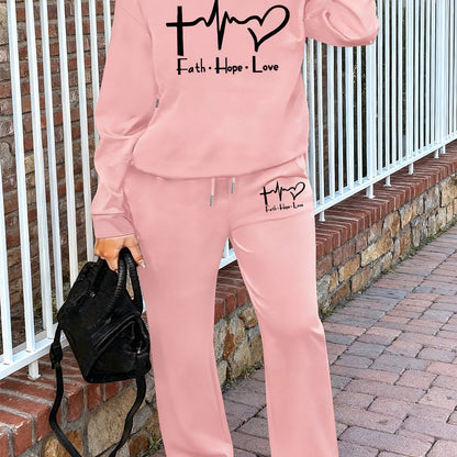 Women'S Casual Crew Neck Sweatshirt and Straight-Leg Pants Two-Piece Set with "Faith Hope Love" Print, Fleece-Lined, Drawstring Waist, All-Season, Comfortable Outfit For Casual Attire, Comfortable Clothing | Crew Neck Sweatsh