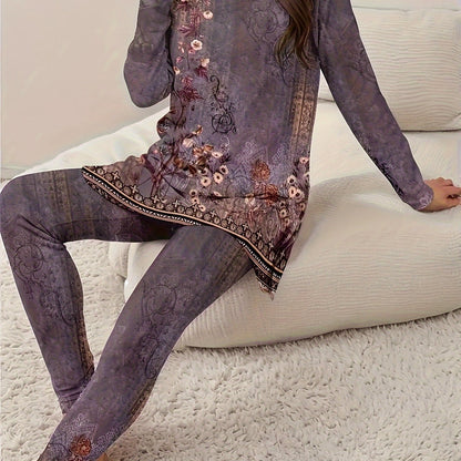 Plus Size Floral Print Two-piece Set, Crew Neck Long Sleeve Top& Pants Outfits, Women's Plus Size Clothing