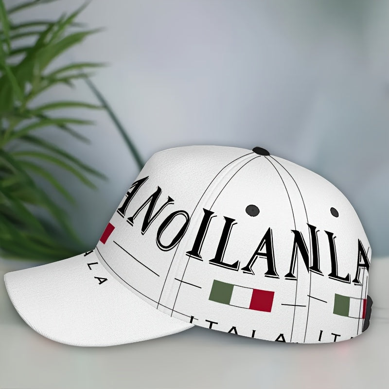 1pc 2D Milano Emblem Print Baseball Cap - Full-Body Vibrant Polyester Hat with Adjustable Snapback, Ideal for Outdoor Sports, Street Style & Running, Black with White Logo, Sports Cap | Stylish Headgear | Durable Headwear