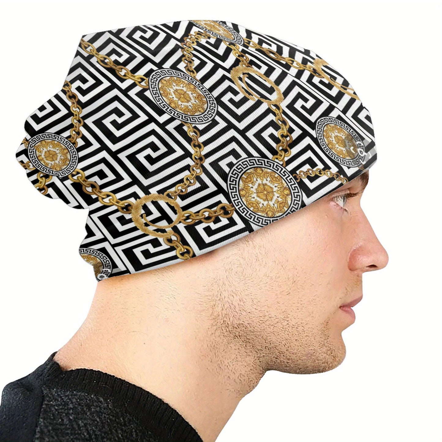 1pc Designer Beanie Hat for Men - Retro Geometric Pattern Skull Cap with Golden Accents, Soft Stretchy Elastic Band, Trendy Casual Winter Hat, Perfect Gift for Him, Comfortable Headwear, Cold Weather Accessory, Fashionable He