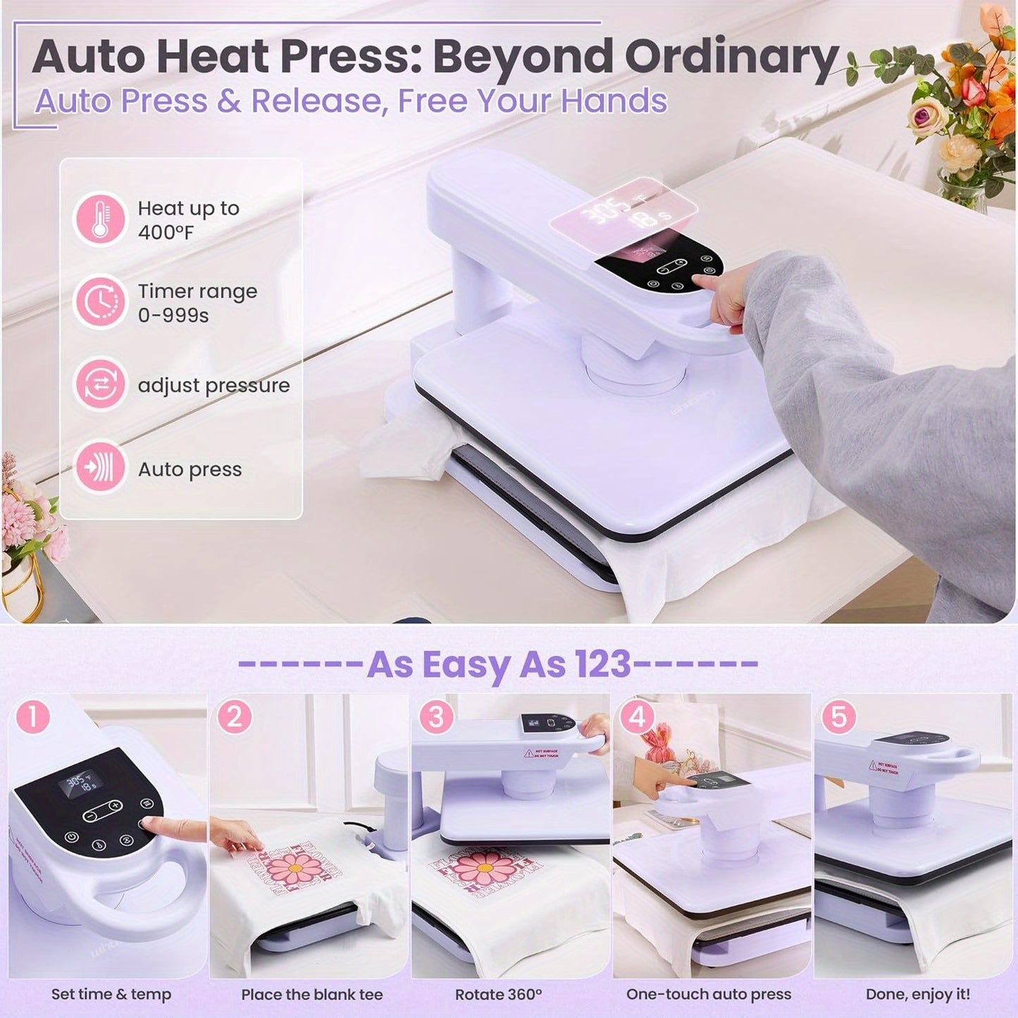 15x15 Inch Swivel Auto Heat Press Machine, 360° Swing Away Smart T-Shirt Printing W/Auto Press & Auto Release & Auto-Off, 7 Adjustable Pressures & 1.85" Higher Heating Height for HTV, Dual-tube Heatinbg, Sublimation, Heat Tr