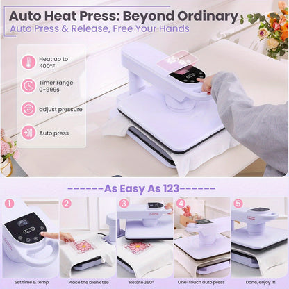 15x15 Inch Swivel Auto Heat Press Machine, 360° Swing Away Smart T-Shirt Printing W/Auto Press & Auto Release & Auto-Off, 7 Adjustable Pressures & 1.85" Higher Heating Height for HTV, Dual-tube Heatinbg, Sublimation, Heat Tr