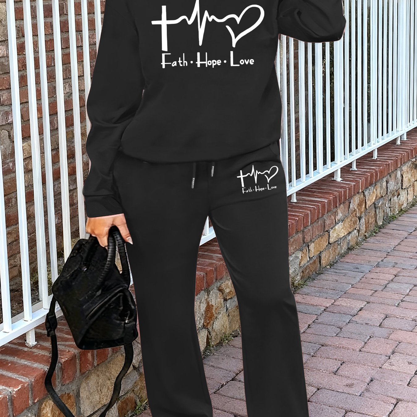 Women'S Casual Crew Neck Sweatshirt and Straight-Leg Pants Two-Piece Set with "Faith Hope Love" Print, Fleece-Lined, Drawstring Waist, All-Season, Comfortable Outfit For Casual Attire, Comfortable Clothing | Crew Neck Sweatsh