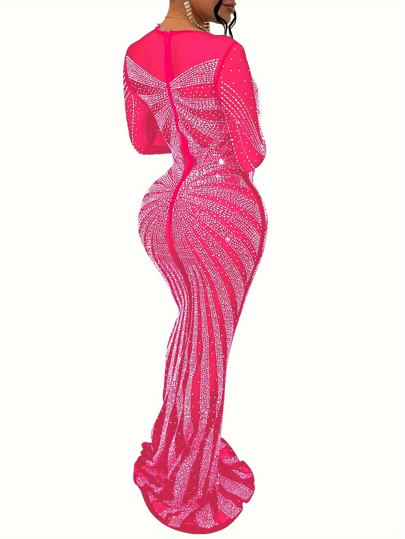Long Sleeve Maxi Dress - Elegant Sheer Mesh with Rhinestone Detail - Bodycon Fit for Women - Perfect for Spring/Summer/Fall
