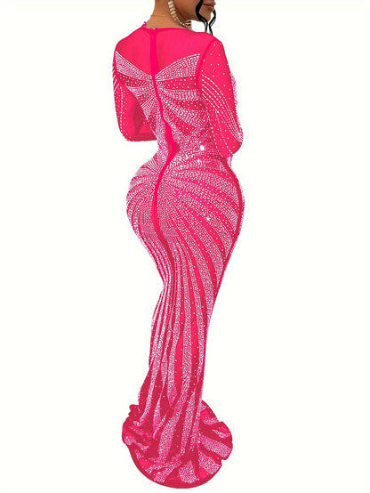 Long Sleeve Maxi Dress - Elegant Sheer Mesh with Rhinestone Detail - Bodycon Fit for Women - Perfect for Spring/Summer/Fall