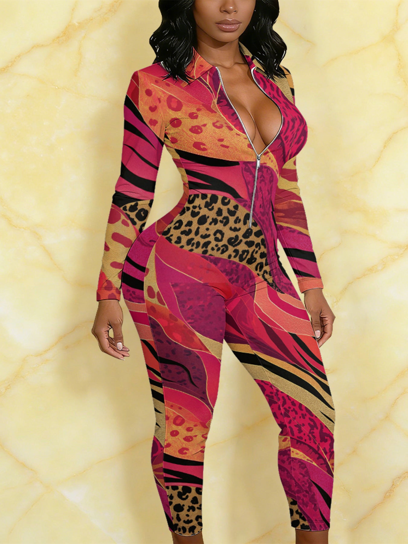 Ladies' Four-Season Long-Sleeved Sexy Jumpsuit | Front Zipper Design, Light Style, Fashionable Full-Print, Perfect for Daily Outings and Casual Wear, Fashionable and Sexy Outfit