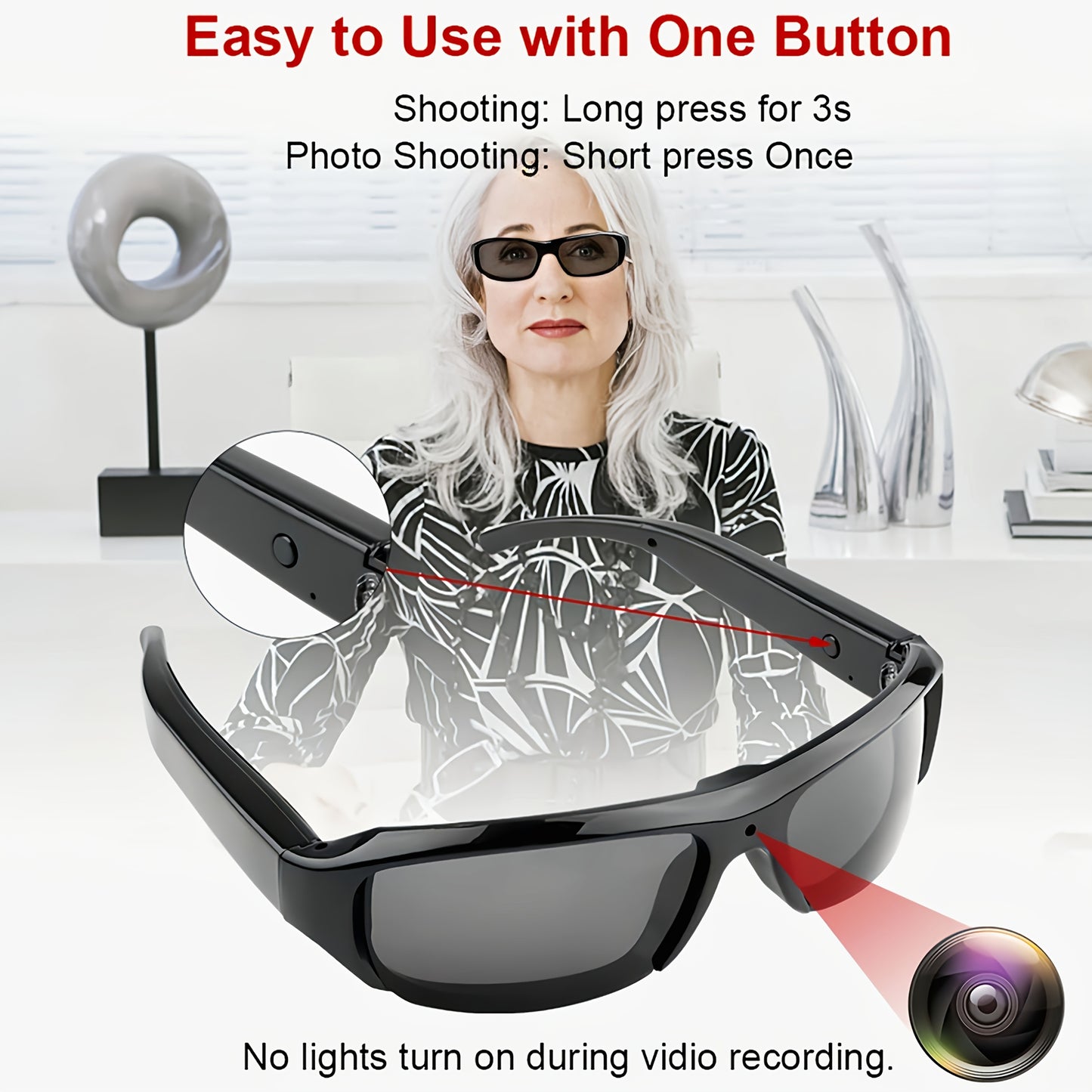 High Definition Video Glasses, 1080P High-definition Smart Glasses, Wearable Video Glasses, 90 Minute Battery Life, 75 ° Wide-angle, 64GB Storage Card, Sports And Conference, Body Camera