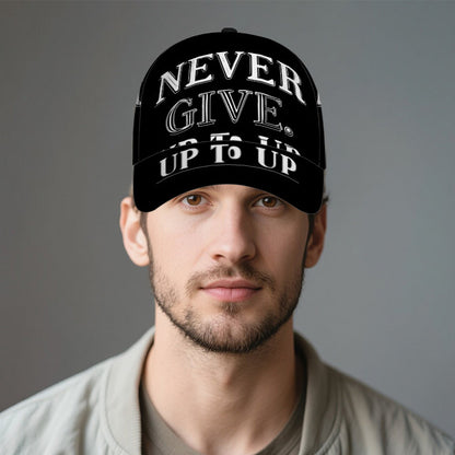 1pc 2D Never Give Up Words Print Baseball Cap - Full-Body Vibrant Polyester Hat, Adjustable Snapback for Running, Sports & Casual Streetwear., Running Hat, Outdoor Headwear, Trendy Streetwear, Lightweight Hat, Durable Fabric,