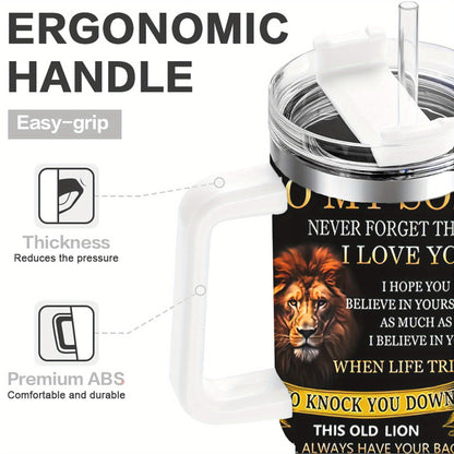 40oz Insulated Travel Mug with Straw & Lid - "to My Son: Never Forget I Love You" Inspirational Lion Design Water Bottle - Leak-Proof Coffee Cup for Easter, Mother's Day, Father's Day Gifts - Durable 40oz Tumbler for Birthday
