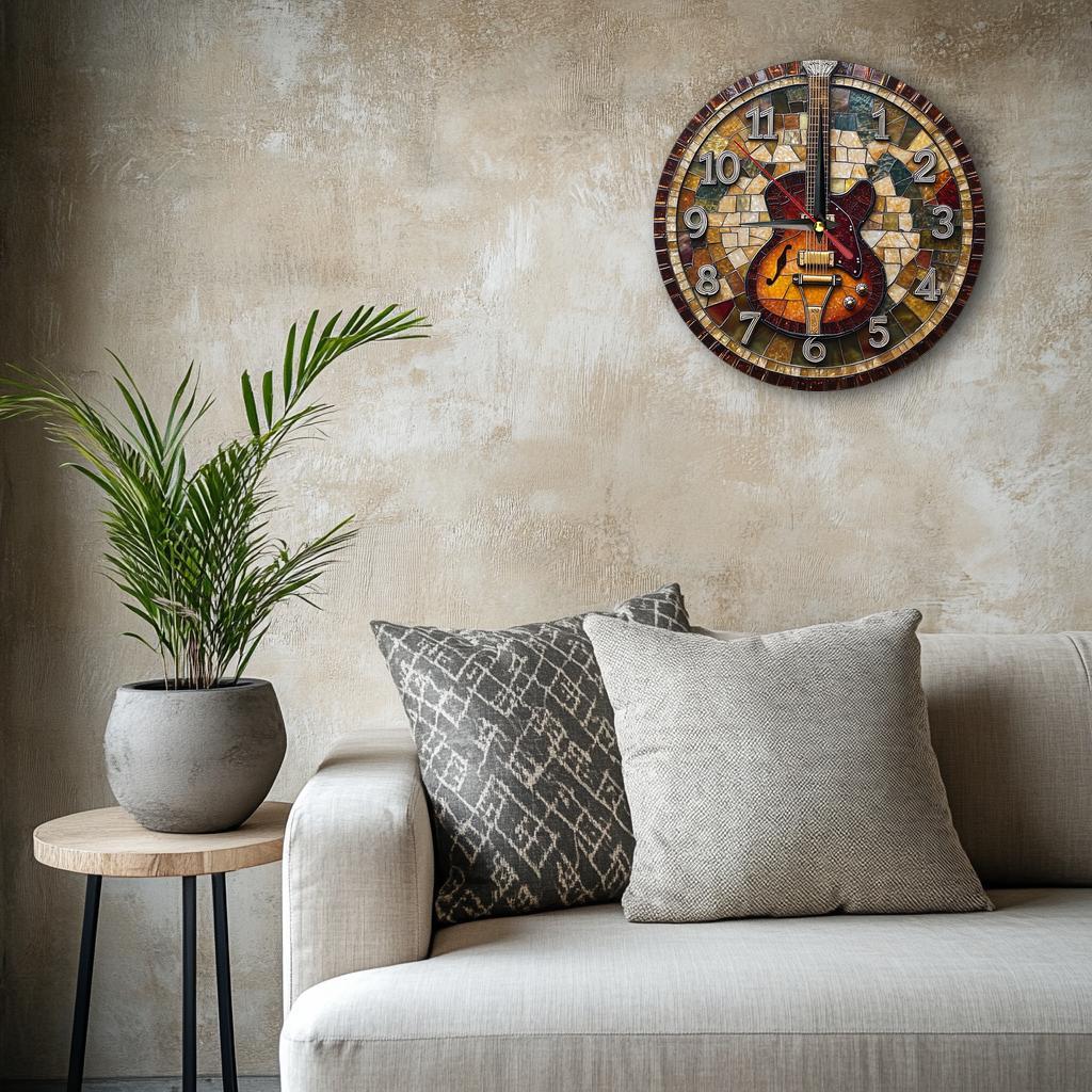 1pc Rustic Farmhouse Style Wooden Round Wall Clock, Guitar Theme, Silent Movement, Easy-to-Read, AA Battery Operated (Not Included), 9.8x9.8 inches for Home, Kitchen, Bedroom, Office Decor