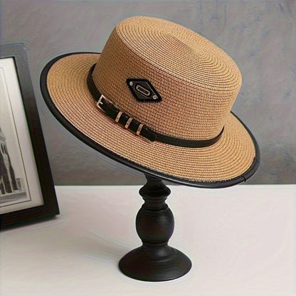 French Retro British Summer Flat Brim Hat - Adjustable Unisex Outdoor Wide Brim Hat with Decorative Buckle and Black Ribbon, Fashionable Sun Hat for Men and Women | Elegant Accessories | Exquisite Weaving, Stylish Headwear, C