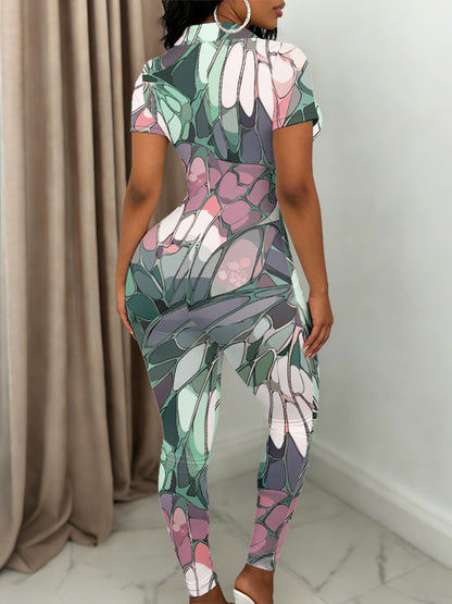 Hot-selling Women's Short-sleeved Sexy 1pc Dress with a Front Zipper Design, Lightweight Style, Fashionable Printed Patterns, Very Suitable for Daily Outings and Casual Wear, Fashionable and Sexy Outfit