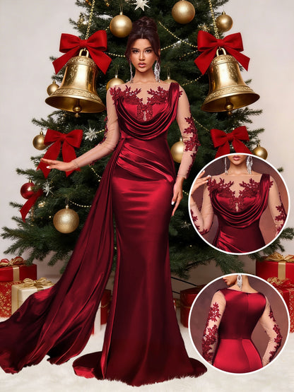 Elegant Long Ladies' Gown with Lace Detail | Solid Color, Contrast Mesh, Long Sleeve, Gown Hem, Ideal for Christmas, Birthday, Graduation, Travel