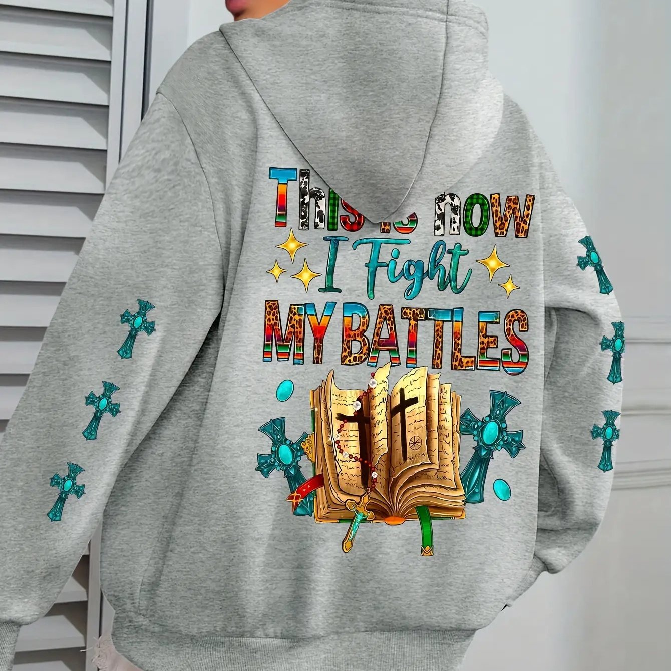 Women's Christian Bible Verse Hooded Sweatshirt "This Is How I Fight My Battles" with Cross & Prayer Hands Print - Winter Warm Hoodie, Long Sleeve Religious Apparel for Church, Prayer Meeting & Christmas (Gray) - Casual Faith