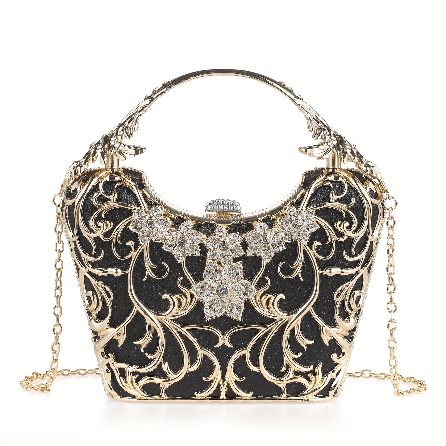 Perfect for Weddings, Proms & Formal Events - Handcrafted Rhinestone Clutch Purse - Luxurious Floral Evening Bag for Women - Elegant Dinner Handbag with Glittering Rhinestones & Golden-Tone Metal Handle
