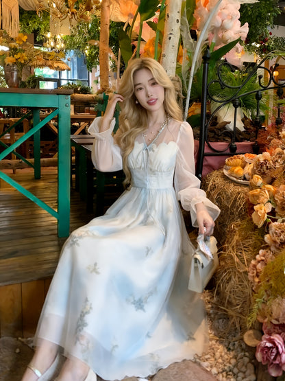 Elegant Julie French New Style Dress | Mint Temperament, Gentle Tulle with Cloud Print, Tie Waist Design, Off the Shoulder, Perfect for Spring/Summer/Fall