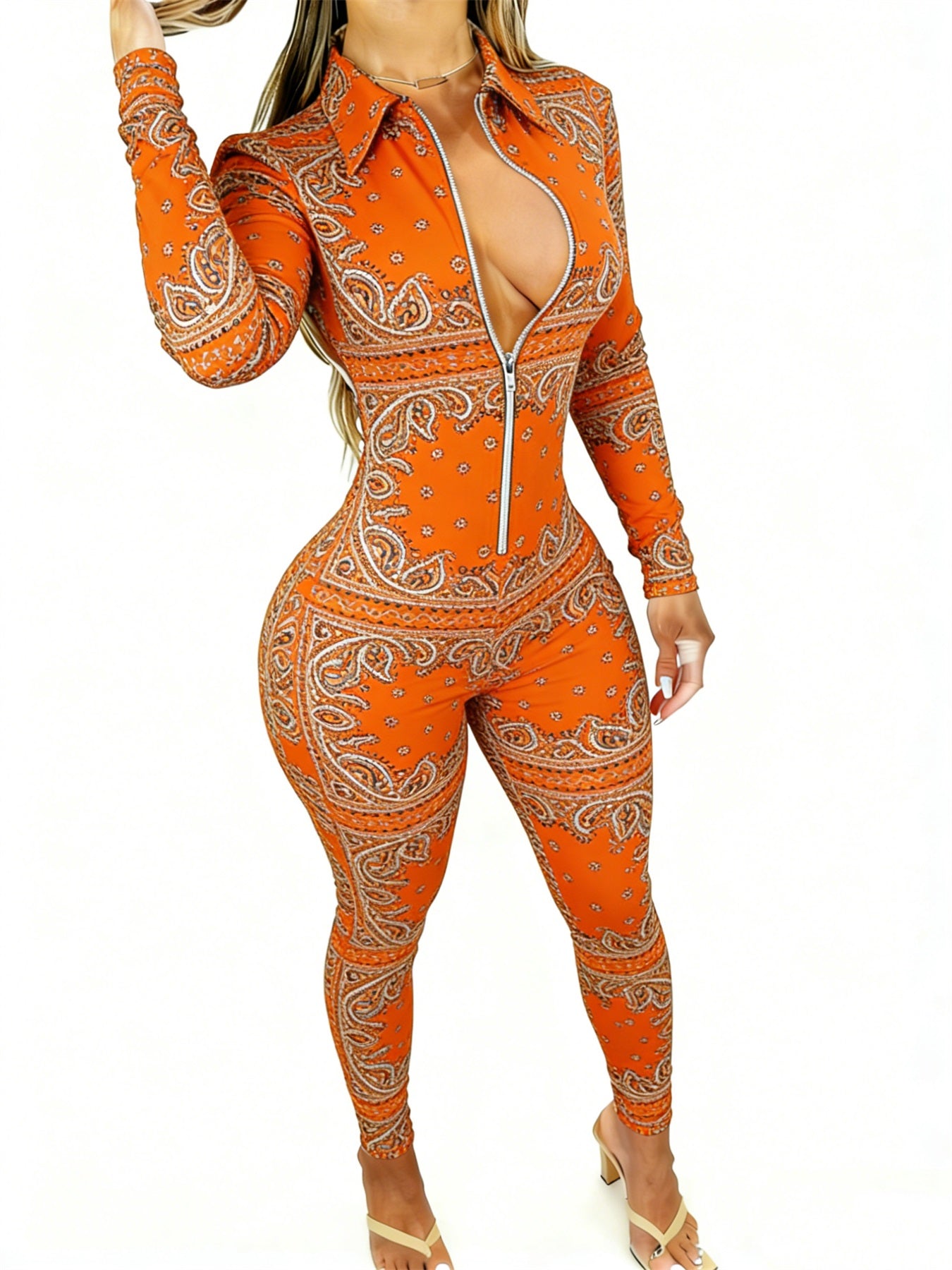 Women's Long Sleeve Slim-Fit Zip-Front Jumpsuit with Orange Paisley Print - Vibrant & Trendy for Weekend, Casual Outings | Sizes 2XS-2XL