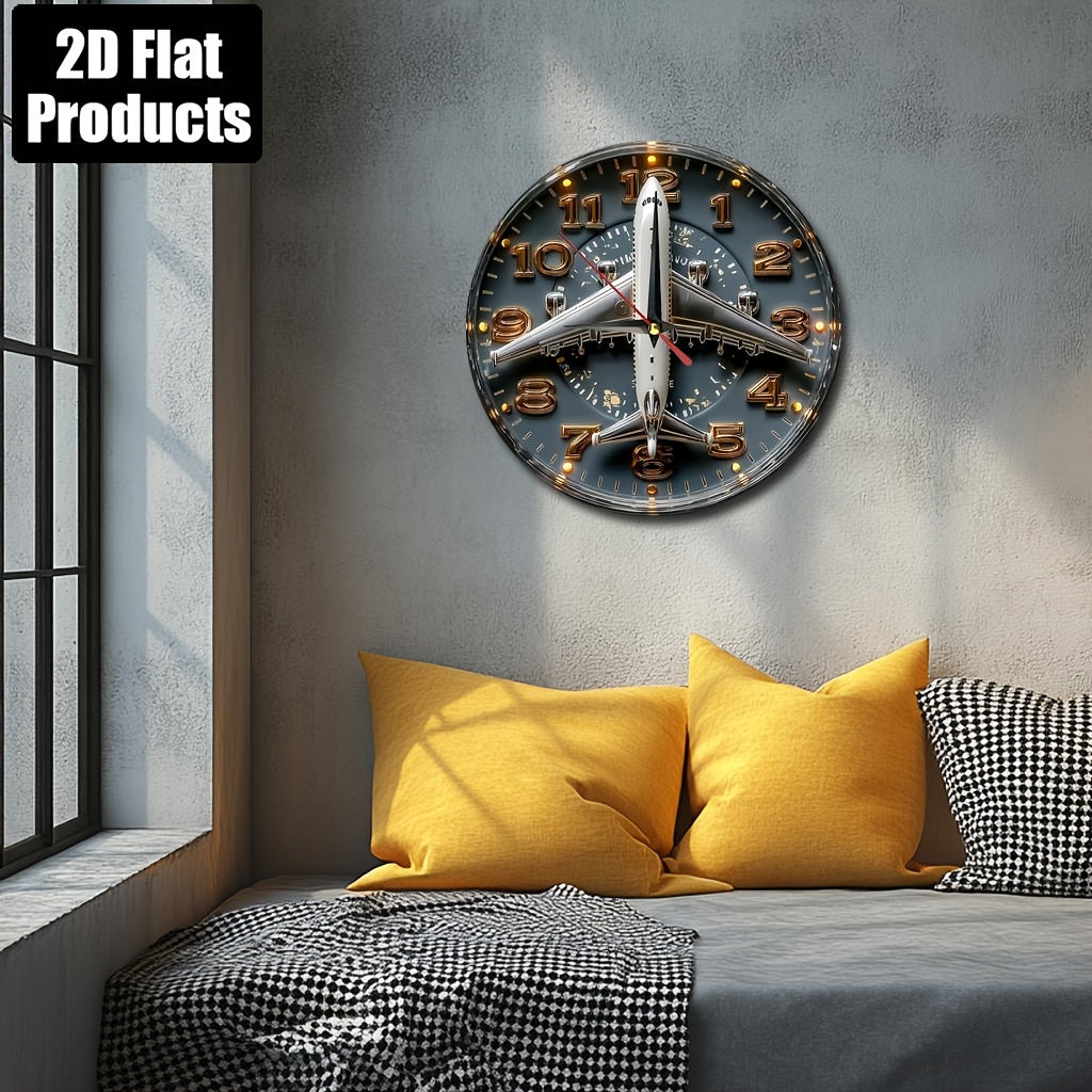 1pc Aviation-Themed Airplane Wall Clock - 9.8 Inch Round Dark Blue & Golden Artificial Wood Silent Non-Ticking Large Easy-Read Black Hands, Farmhouse Decor for Home Office Kitchen Bedroom, Aviation Enthusiast Gift (Battery No