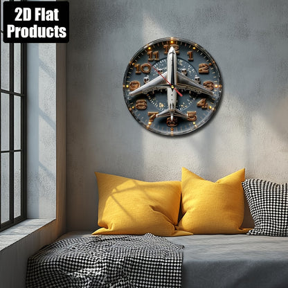 1pc Aviation-Themed Airplane Wall Clock - 9.8 Inch Round Dark Blue & Golden Artificial Wood Silent Non-Ticking Large Easy-Read Black Hands, Farmhouse Decor for Home Office Kitchen Bedroom, Aviation Enthusiast Gift (Battery No
