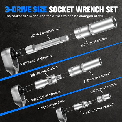 170+2/53+1pc Professional Car Repair Tool Set, Ratchet Wrench And Durable Toolbox, 1/2 * 1/4 "3/8" Drive Depth And Standard Socket, Suitable For Car Repair, Home And Projects, Worry Free Operation For Men And Women, Christmas