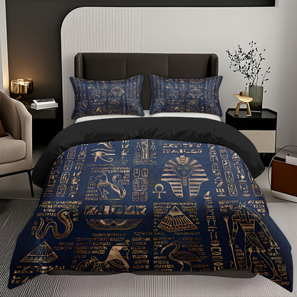 Ancient Egyptian Symbols Duvet Cover Set - Soft High-Definition Digital Print, Blue Polyester, Includes Duvet Cover And Pillowcases, All-Season Use, Perfect Gift For Family And Friends, Machine Washable, Easy Care