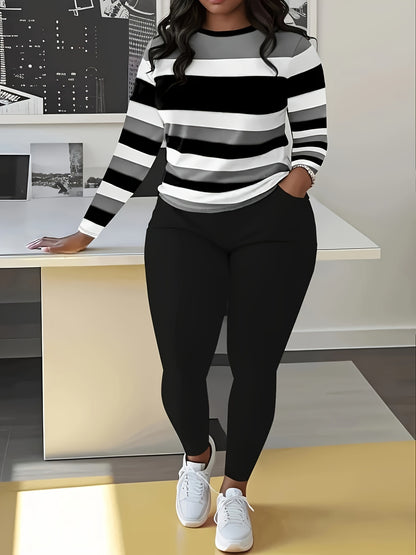 Unique Women's Striped Casual Set- Green And White, Long Sleeve Round Neck Top And Pants with Pockets, Weight Polyester Blend, Machine Washable, Comfortable Clothing| Pants| Polyester Blend