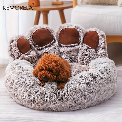 Bear Paw-Shaped Plush Pet Bed with Non-Slip Bottom - KEMORELA - Soft Polyester & Polyester Fiber Fill - Cozy Warm Cat & Dog Bed for Small Pets - Cute Animal-Themed Home Decor - Playful Design
