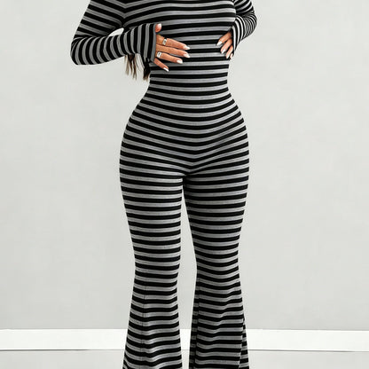 Women's Elegant Slim-Fit Jumpsuit with U-Neck & Bell-Bottom Pants - Black/Gray Stripe Romper, Long Sleeve - Outfit for Weddings, Parties, Casual Wear - Machine Washable Matching Ensemble