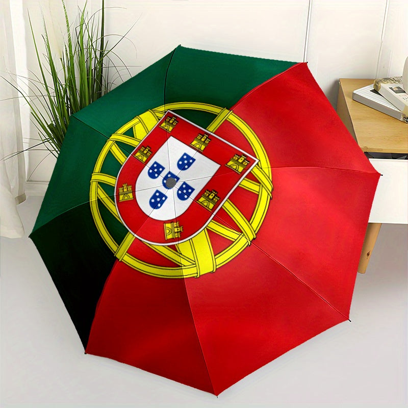 Modern Portuguese Flag Design Automatic Folding Umbrella - Durable Windproof Portable Travel Umbrella with 8 Ribs, 210T Pongee Fabric, Ideal for Holiday Gifts, Black & Red with Yellow & Blue Accents, Travel Umbrella, Gift Ite