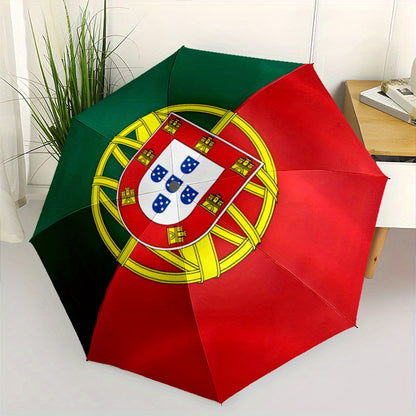 Modern Portuguese Flag Design Automatic Folding Umbrella - Durable Windproof Portable Travel Umbrella with 8 Ribs, 210T Pongee Fabric, Ideal for Holiday Gifts, Black & Red with Yellow & Blue Accents, Travel Umbrella, Gift Ite