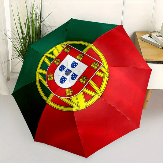 Modern Portuguese Flag Design Automatic Folding Umbrella - Durable Windproof Portable Travel Umbrella with 8 Ribs, 210T Pongee Fabric, Ideal for Holiday Gifts, Black & Red with Yellow & Blue Accents, Travel Umbrella, Gift Ite