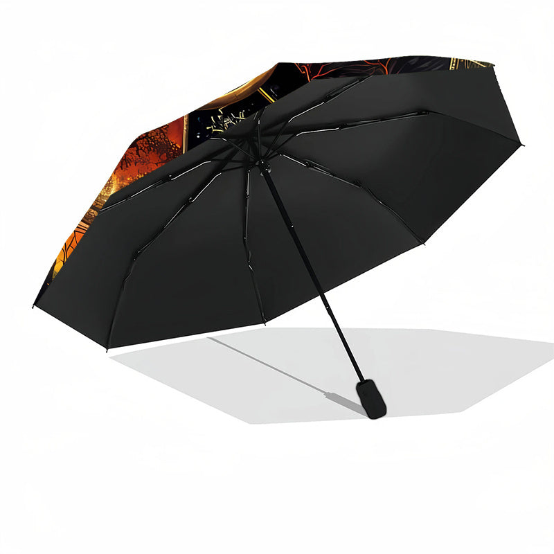Automatic Open/Close Umbrella with 8-Rib Sturdy Frame - Auto Open Close Button, Portable Sunshade Canopy, Elegant Wheel of the Year Design with Seasonal Symbols (Winter, Spring, Summer, Fall) - Perfect Halloween, Christmas, B