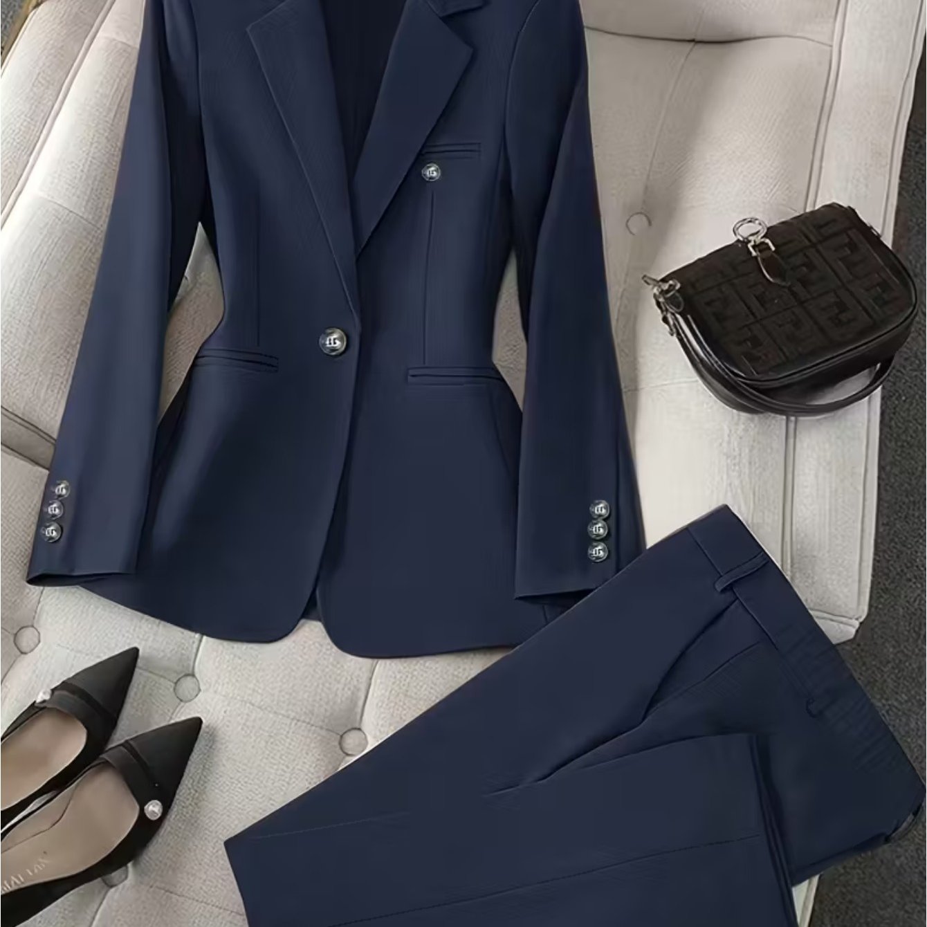 2pcs Navy Blue Waist-Defining Suit with Straight-Leg Pants | Women'S Retro-Inspired Sharp Style with Metal Button Detailing, Perfect for Workplace Commutes And Formal Business Settings.